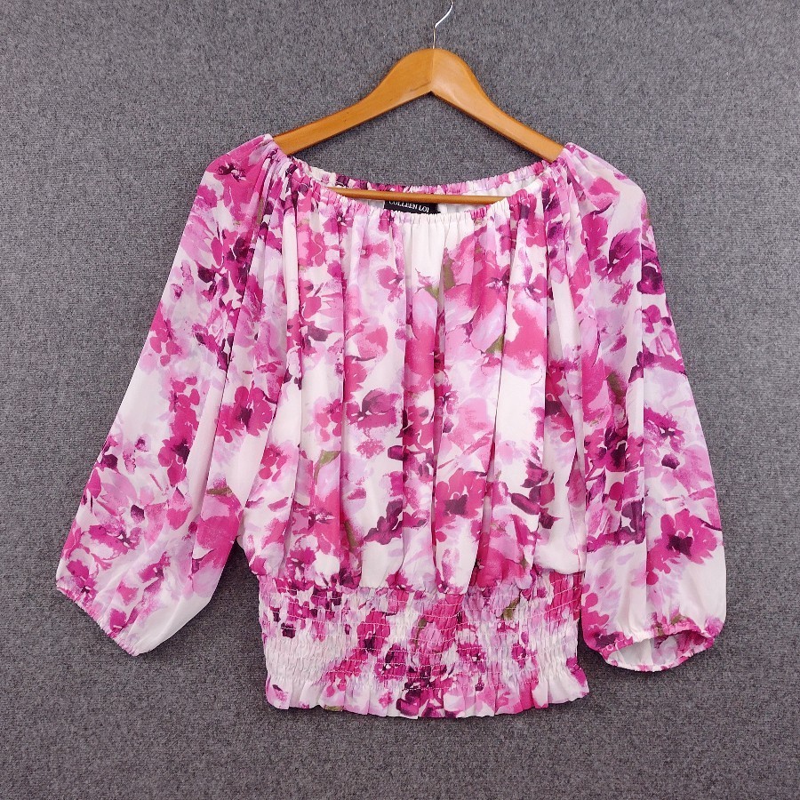 Colleen Lopez Womens Top Small Pink Floral Off Shoulder 3/4 Sleeve Boho