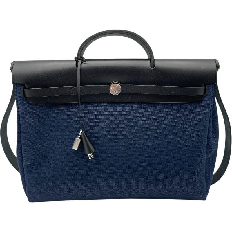 Hermes Herbag Zip MM Handbag Shoulder Bag Toile Leather Navy W15.2xH12.6in 99