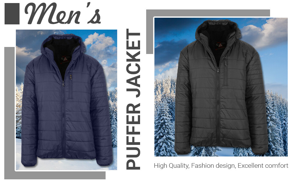 Mens Sherpa-Lined Hooded Puffer Jacket Waterproof Warm Winter Zip Pockets NEW