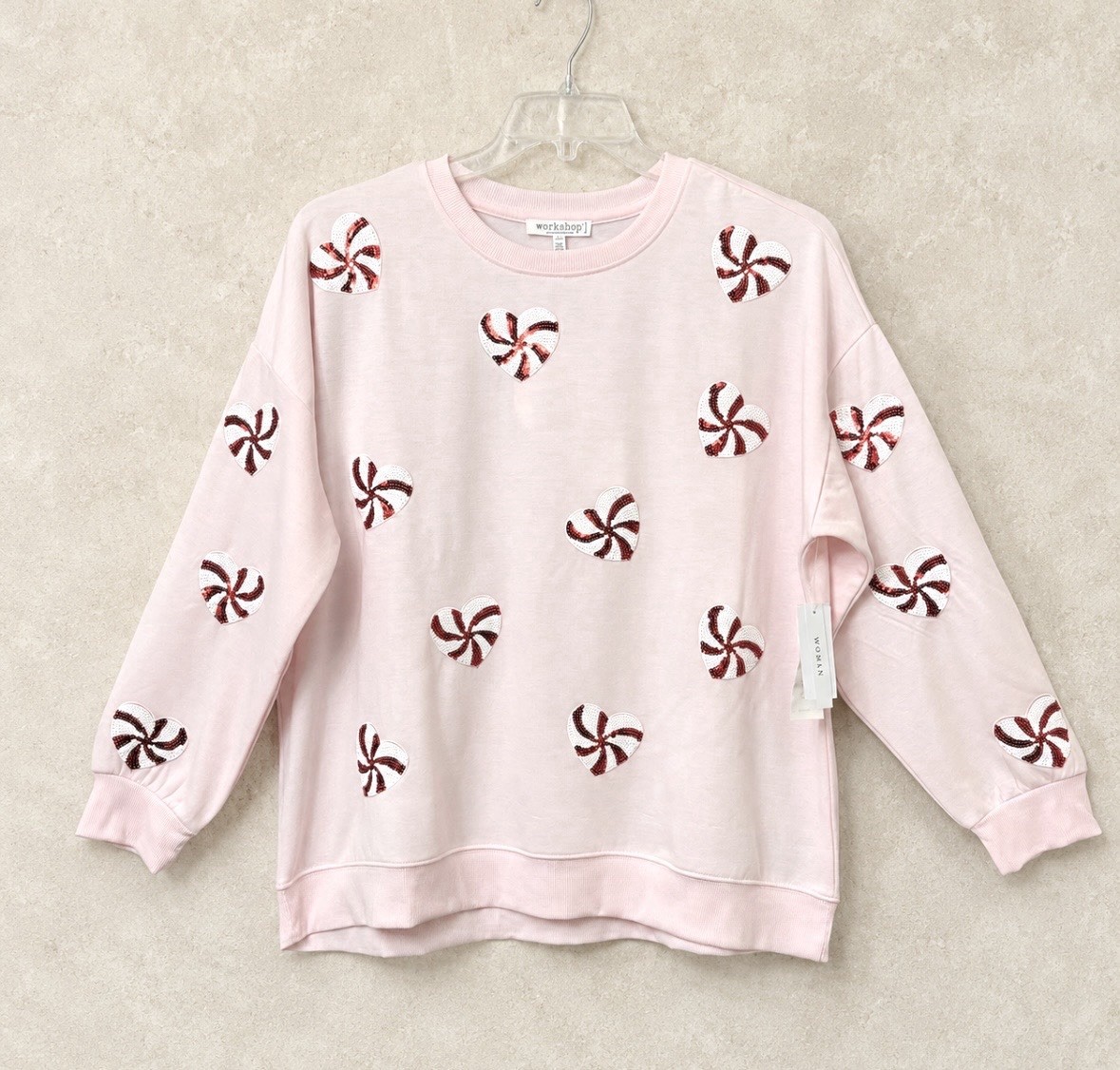 REPUBLIC PEPPERMINT SEQUIN HEARTS SWEATSHIRT 1X PINK COQUETTE GIRLCORE PREPPY