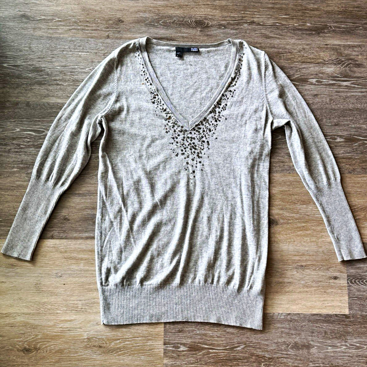 Eileen Fisher Organic Cotton Cashmere Gray V-Neck Sequin Knit Pullover M