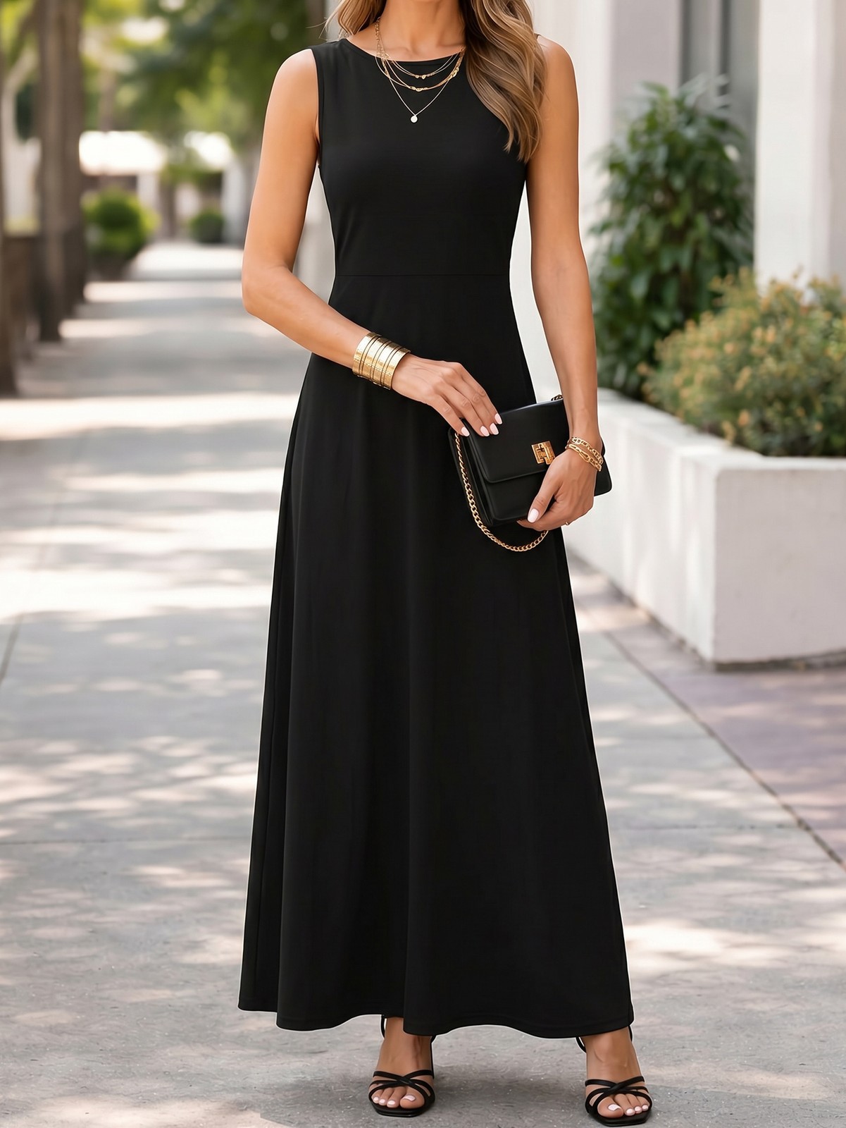 Elegant Resort-style Solid-color Sleeveless Dress