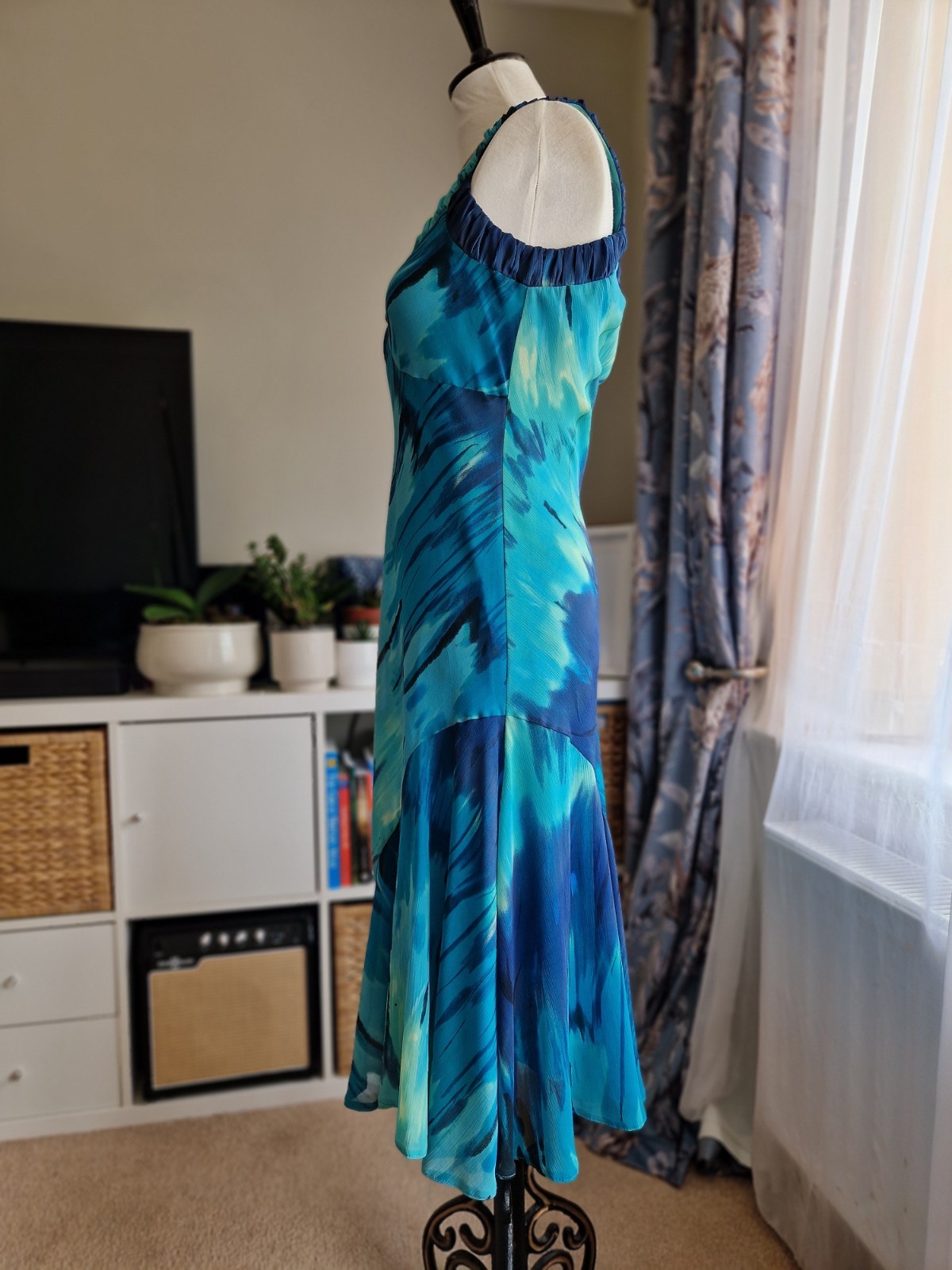 Per Una Blue Aqua Watercolour Midi Dress UK 12 Floaty Fit & Flare Occasion