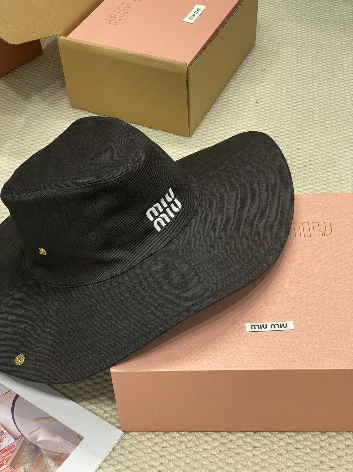 Miu Miu Black Cotton Bucket Hat White Raised Logo Embroidery