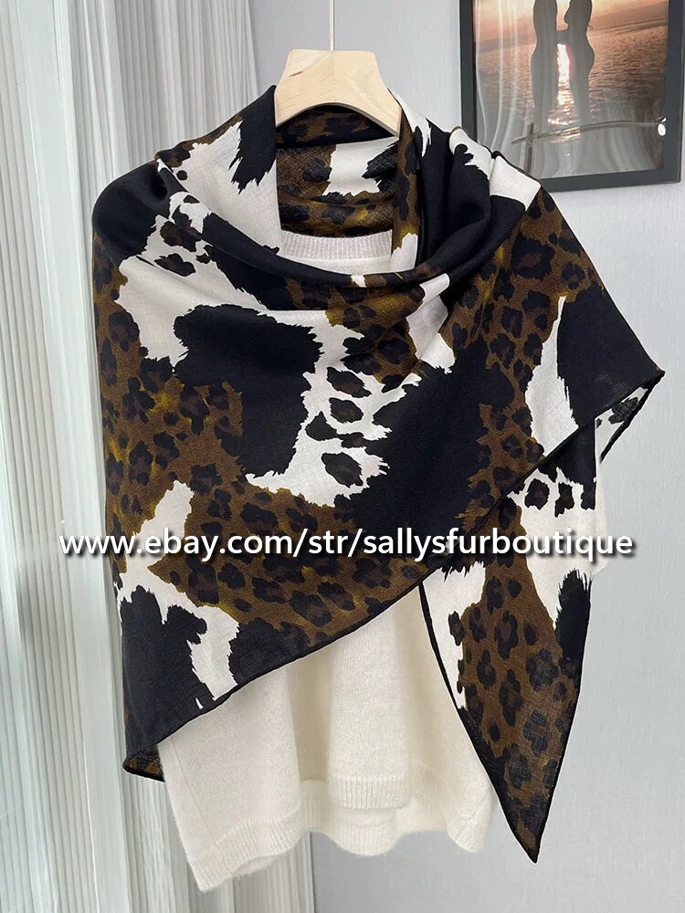 Sallys Cashmere & Silk Wrap Scarf Leopard Print Large Triangle Shawl 210*120cm
