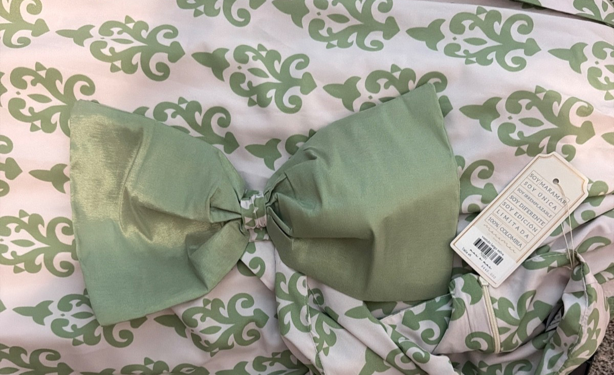 New! Maramar Green & White Lined Dress w/Satin Bow & Belt Sz XS waist 14.5 in