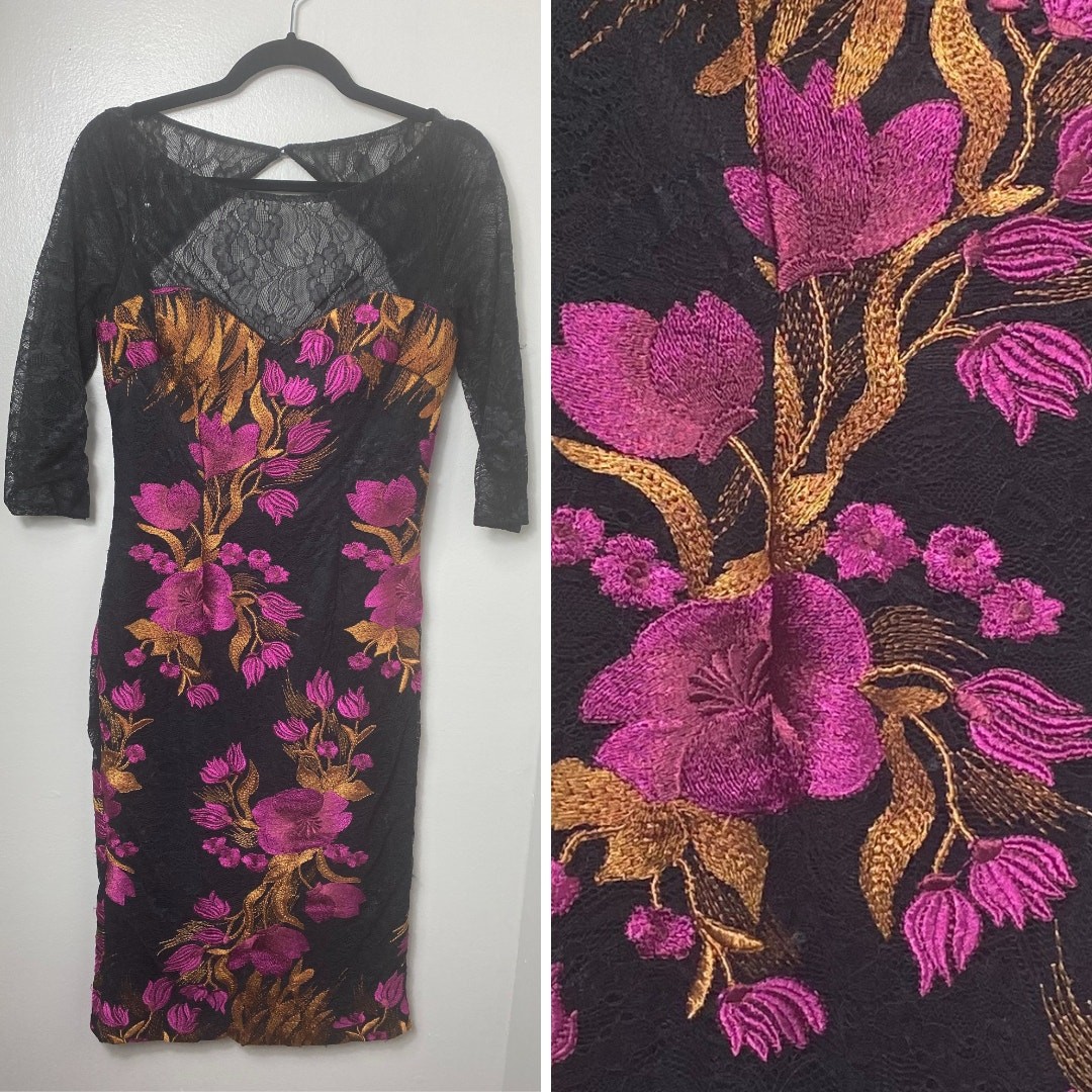 JS COLLECTIONS DRESS 4 FLORAL EMBROIDERED BLACK LACE MESH SHEER PINK MARIGOLD