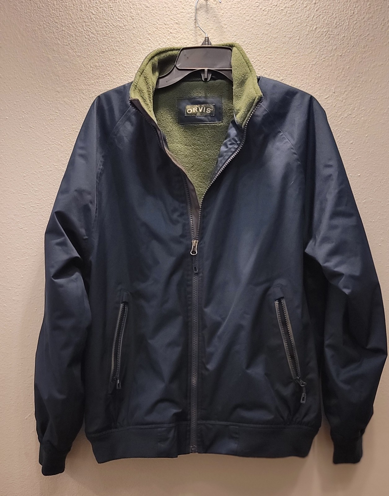 Orvis Jacket Mens Medium Navy Fleece Lined Bomber Zip Front Polyester Outdoor