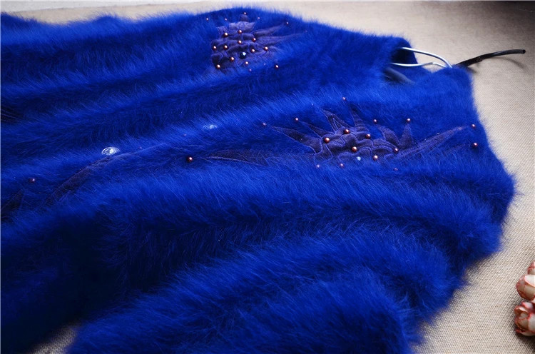 Women’s Angora Rabbit Hair Beaded Batwing Sleeves Loose Cardigans Sweater Coat