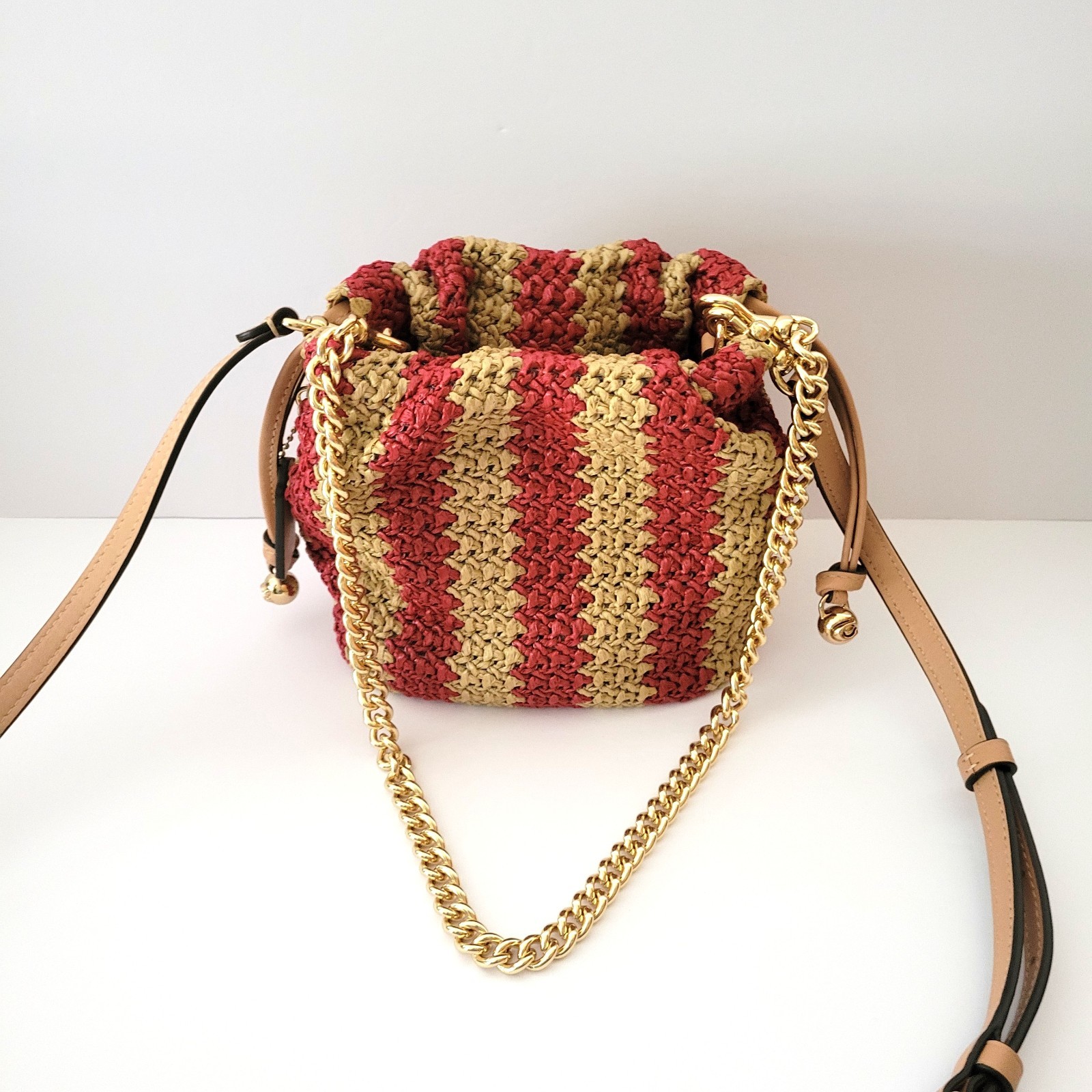 Coach CEN17 Faye Mini Drawstring Straw Crossbody Red Tan Gold Striped Handbag