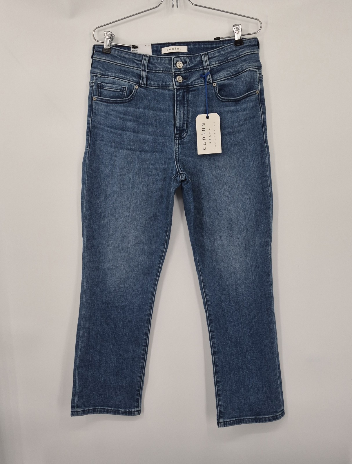 Women’s Eunina Jeans LA Leah High Rise Straight Crop Stuck Up Sz 31 Med Wash NWT