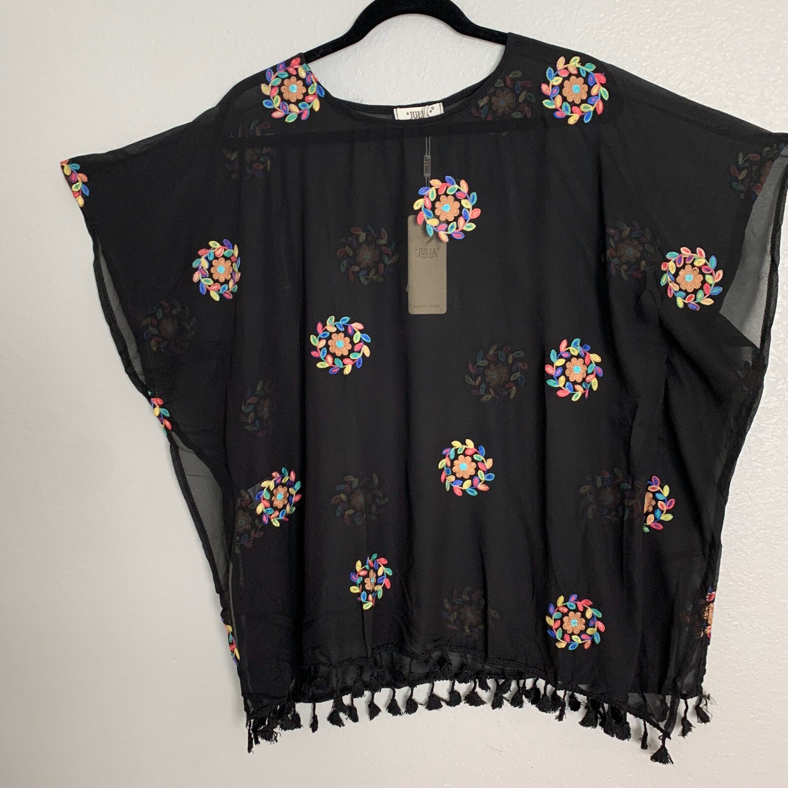 Tunic Women Floral Embroidered Sheer With Tassels One Size Fit Most NWT