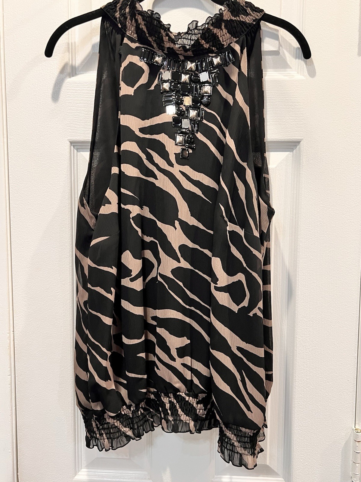 Alfani Black/Beige Animal Print Chiffon Tie Neck Beaded Blouse 16W Plus
