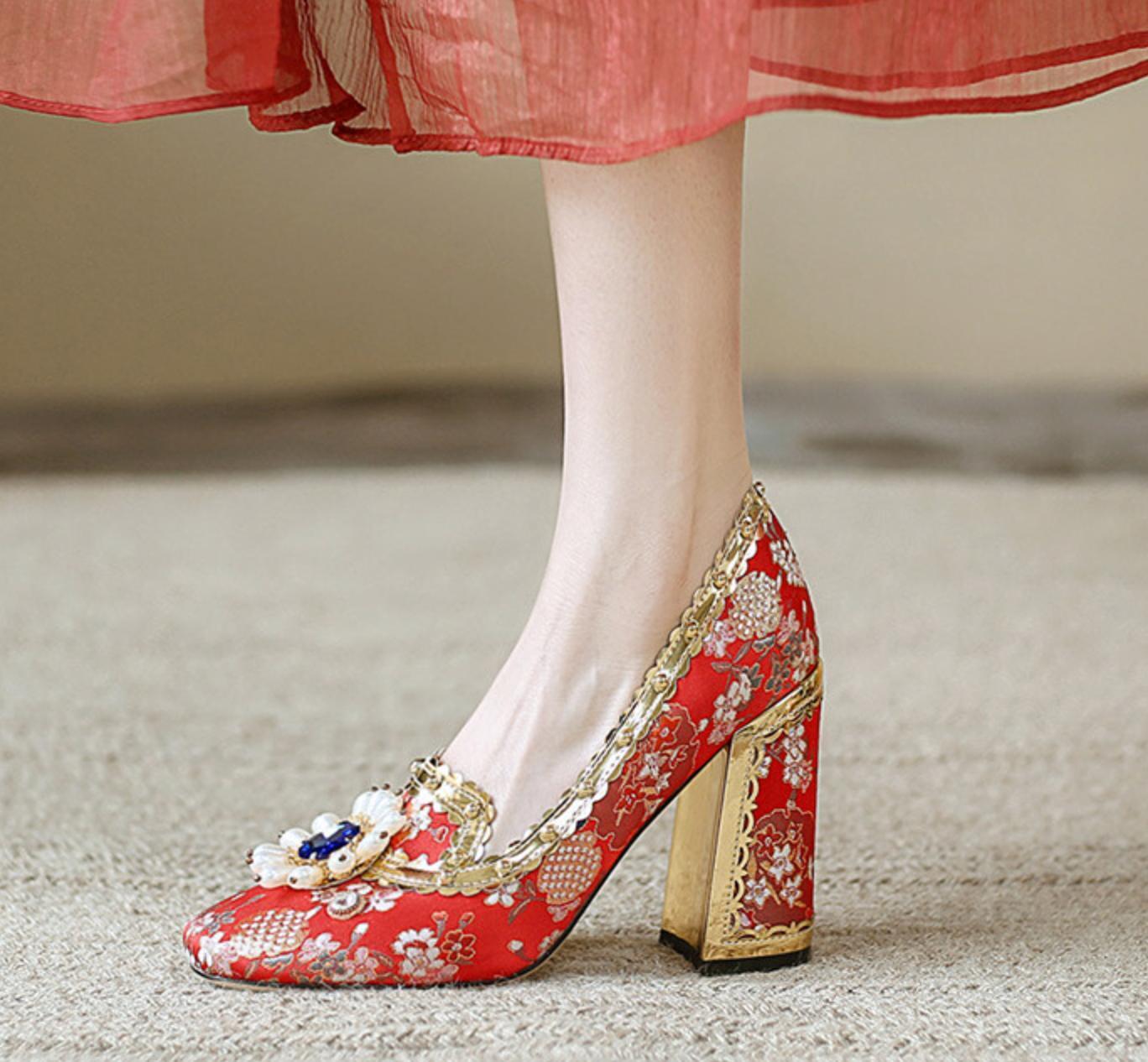 Women’s Beads Rhinestones Wedding Flower High Heel Pumps Satin Shoes Pumps Lady