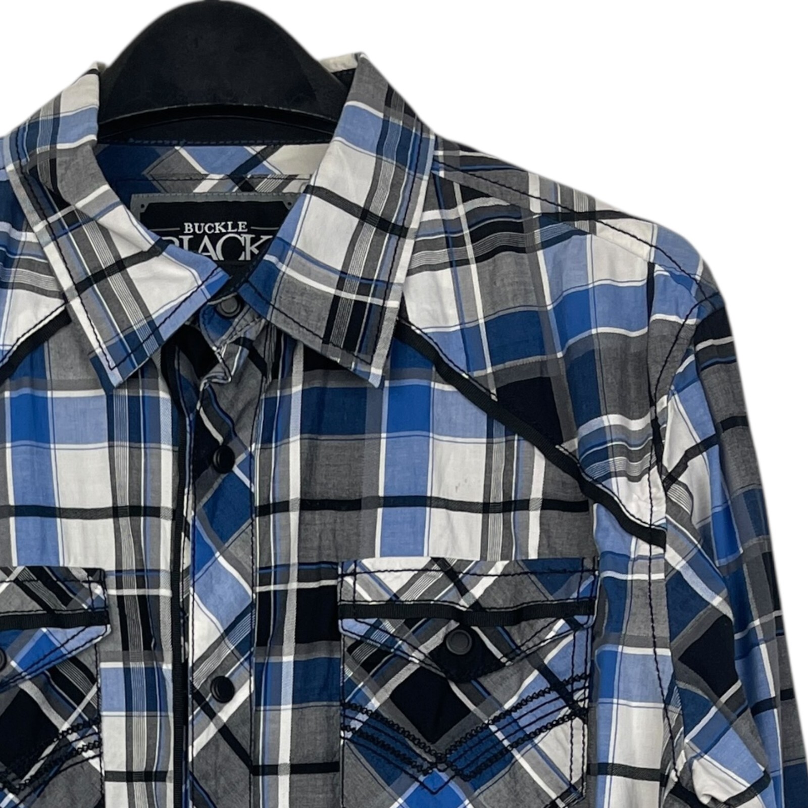 Buckle Black Pearl Snap Western Shirt Mens L Athletic Cotton Stretch Blue Plaid