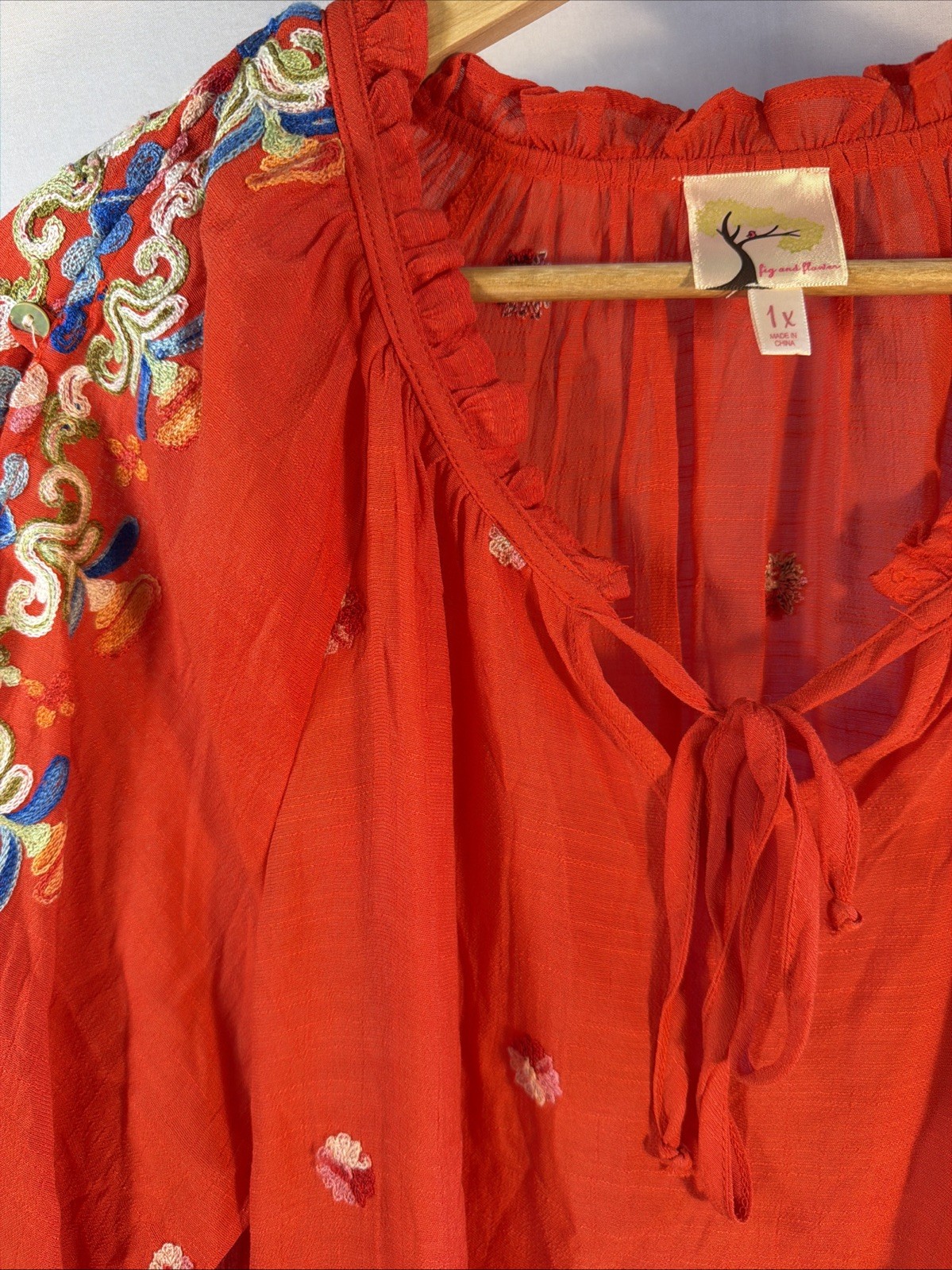 Fig And Flower Red Womens Tie Front Blouse With Bohemian Embroidery