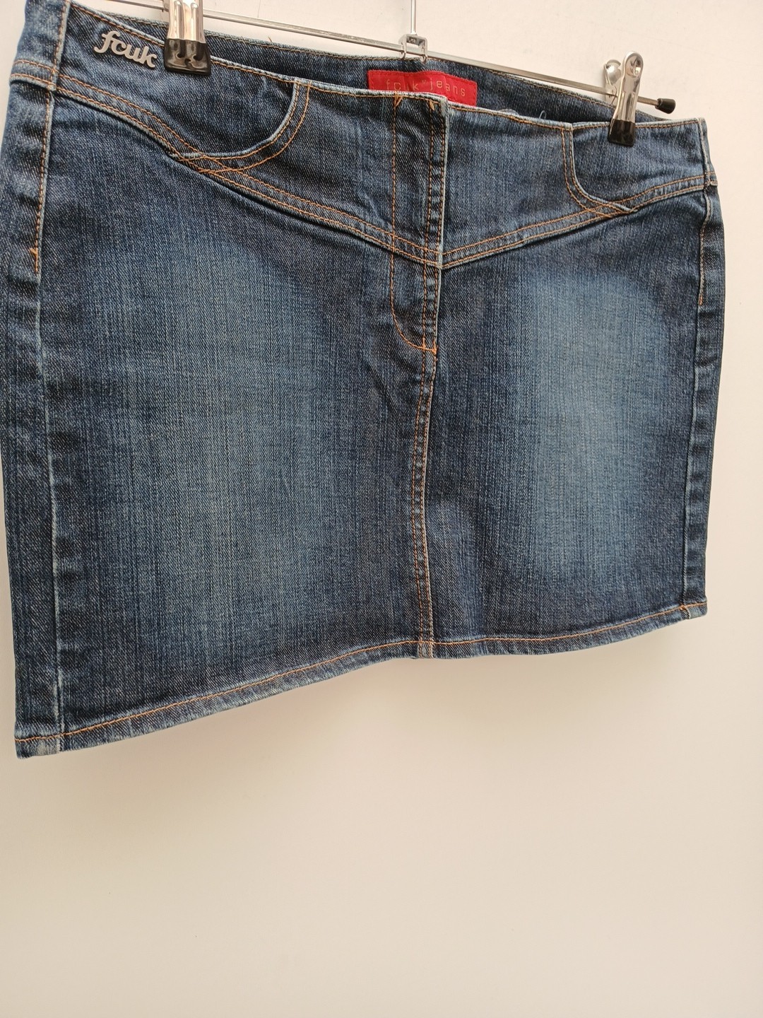 French Connection FCUK Denim Mini Skirt UK 14 Metal Logo Tag Zip and Hook Close.