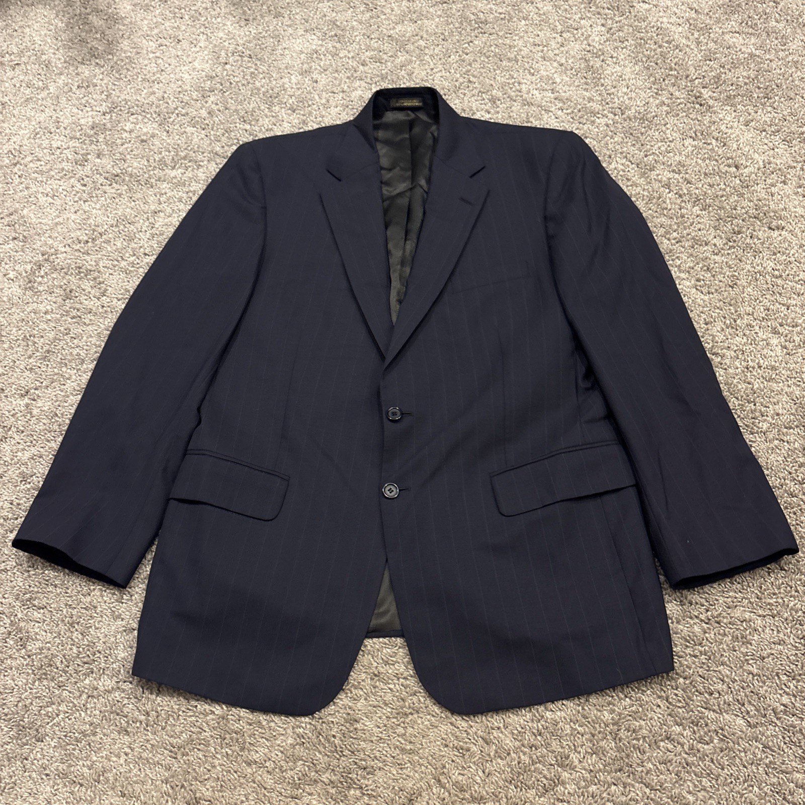 Tom James Mens 42R Pinstripe 2 Piece Suit Blue Corporate Image Pleated 36×32