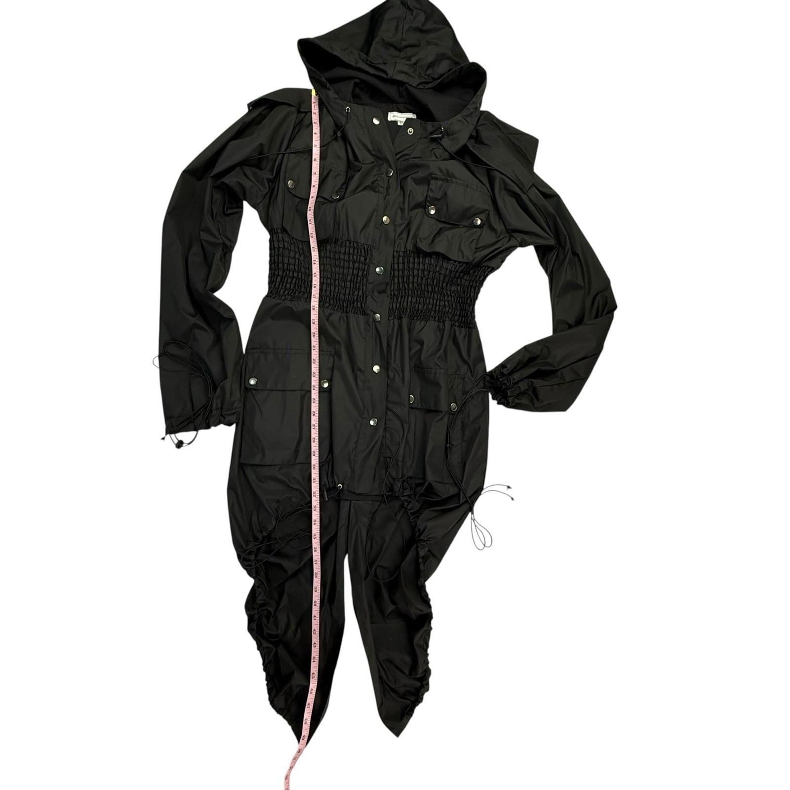 NEW Irregular Exposure Smocked Waist Parachute Jacket Women Large Black Hooded