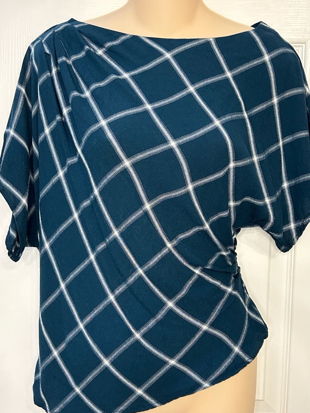 LOFT Teal and White Plaid Asymmetric Ruched Side Blouse