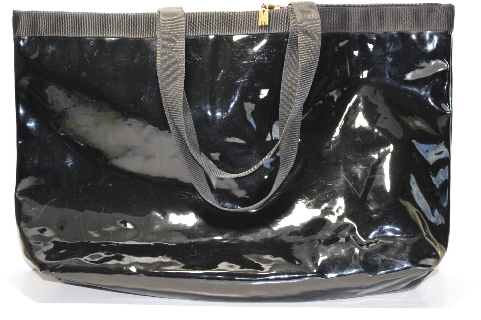 MOSCHINO Redwall Large Black Enamel Tote Bag Hand Bag See Thru Heart Italy