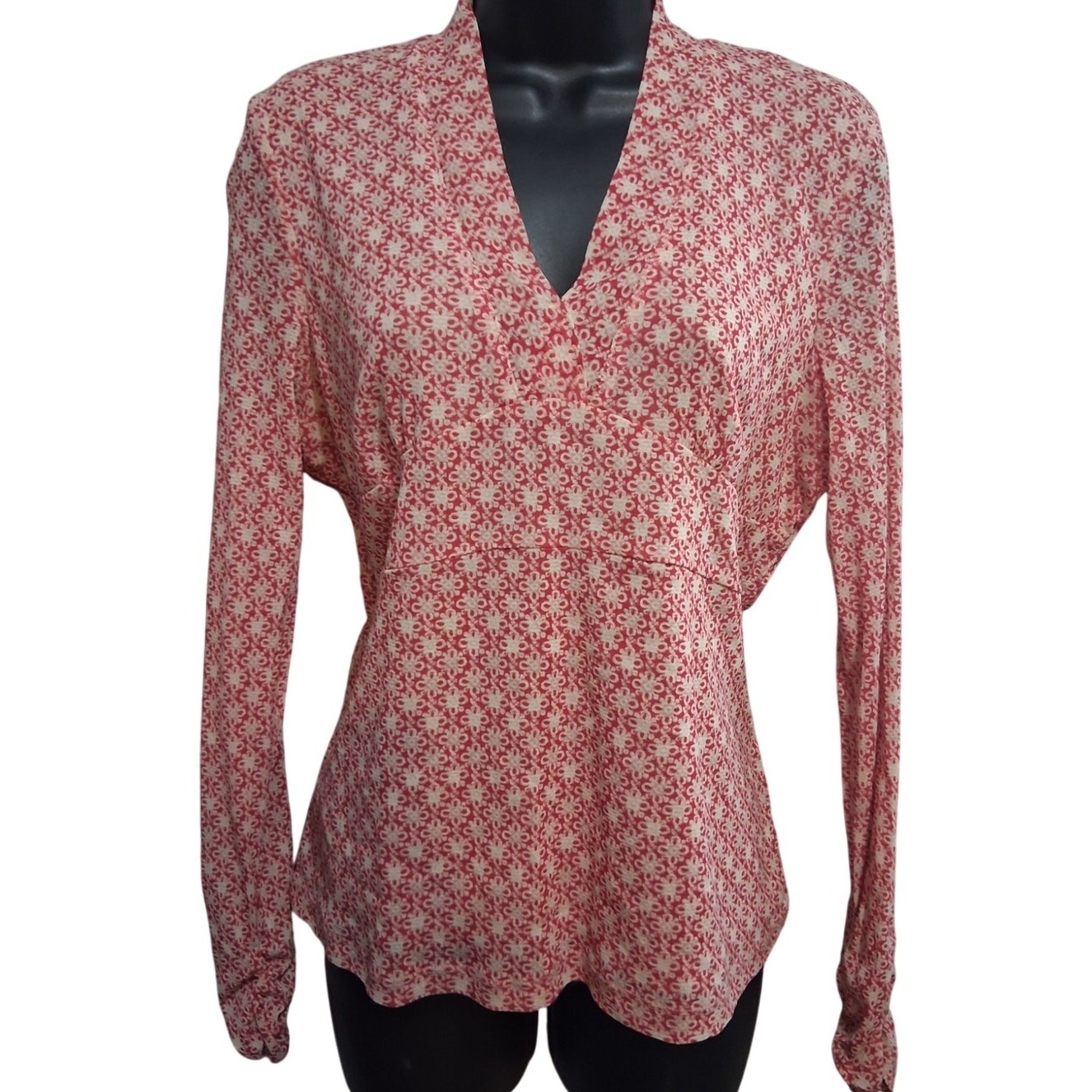 Axcess Shirt XL Red White Y2K Patterned Baby Doll Blouse Cinched Sleeves 2000s
