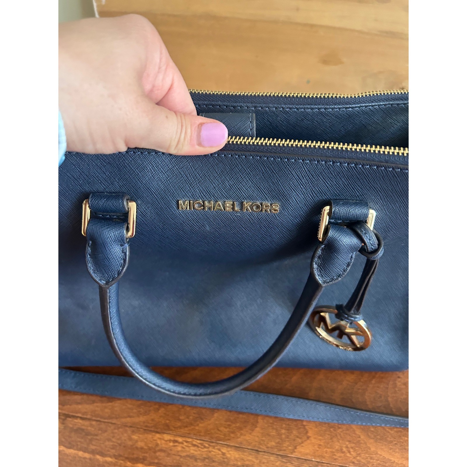 Michael Kors Savannah Navy Blue Saffiano Leather Satchel Crossbody Bag Gold Tone