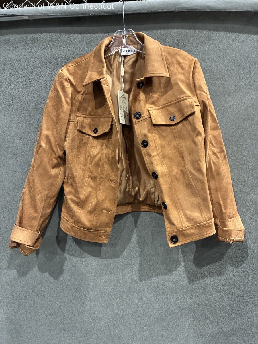 Modesees Women’s Orange Tan Faux Suede Trucker Jacket Button Front NWT Sz M