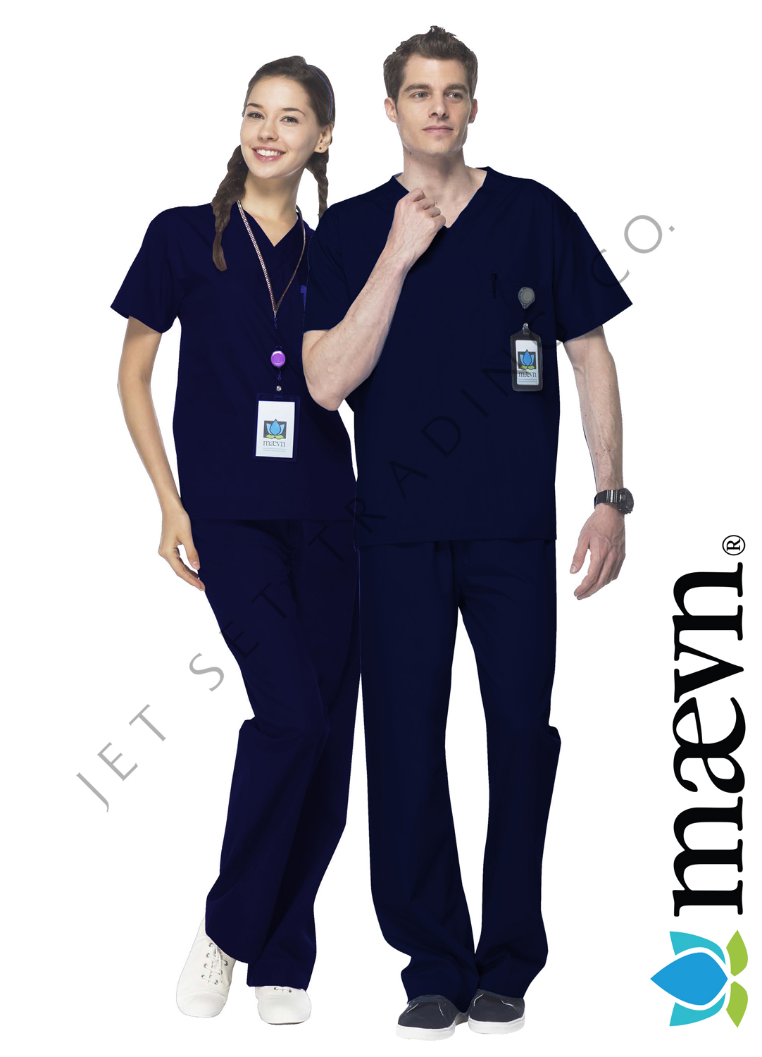 Maevn Unisex Navy Blue Scrub Set One Pocket Top Drawstring Pants 2XS to 2XL