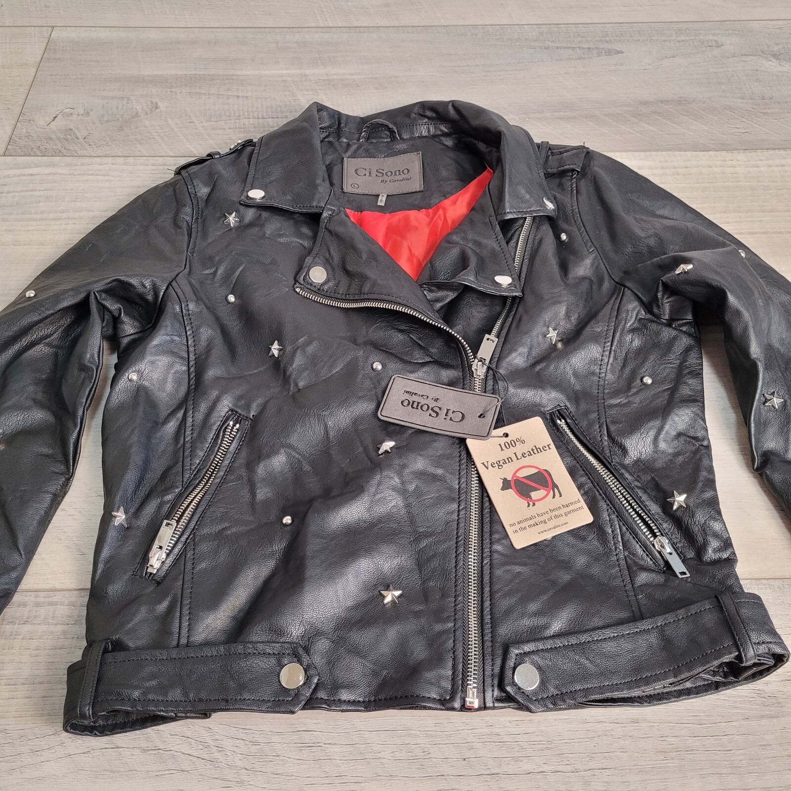 CI SONO By CAVALINI Jacket Womens Large 100% Vegan Leather Lined Bomber Moto