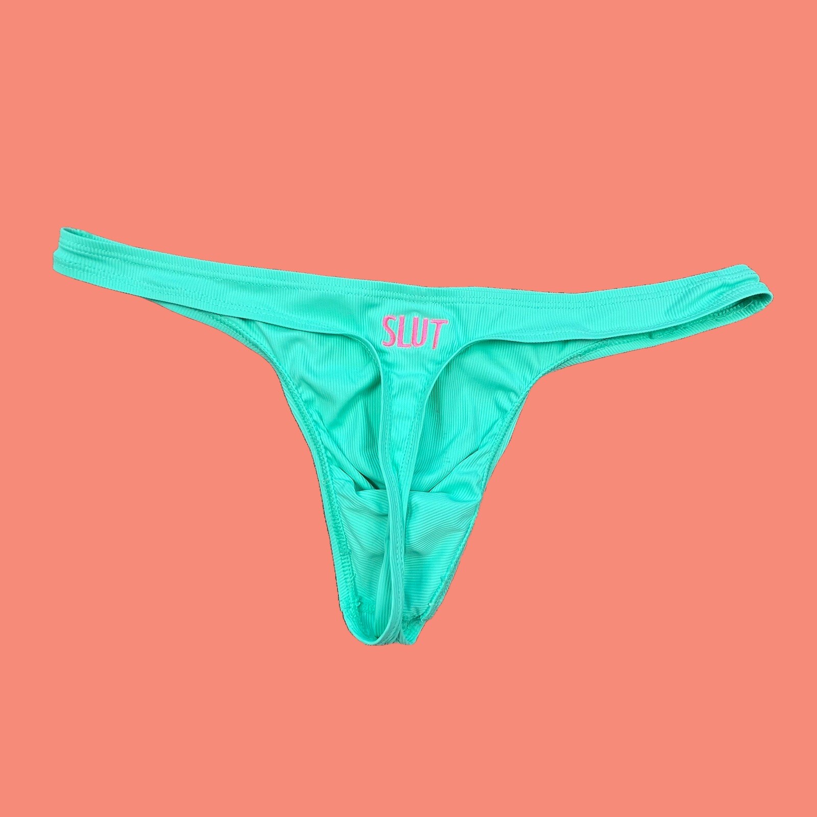 SLUT custom embroidery mens mint Green ribbed swim thong underwear swimwear