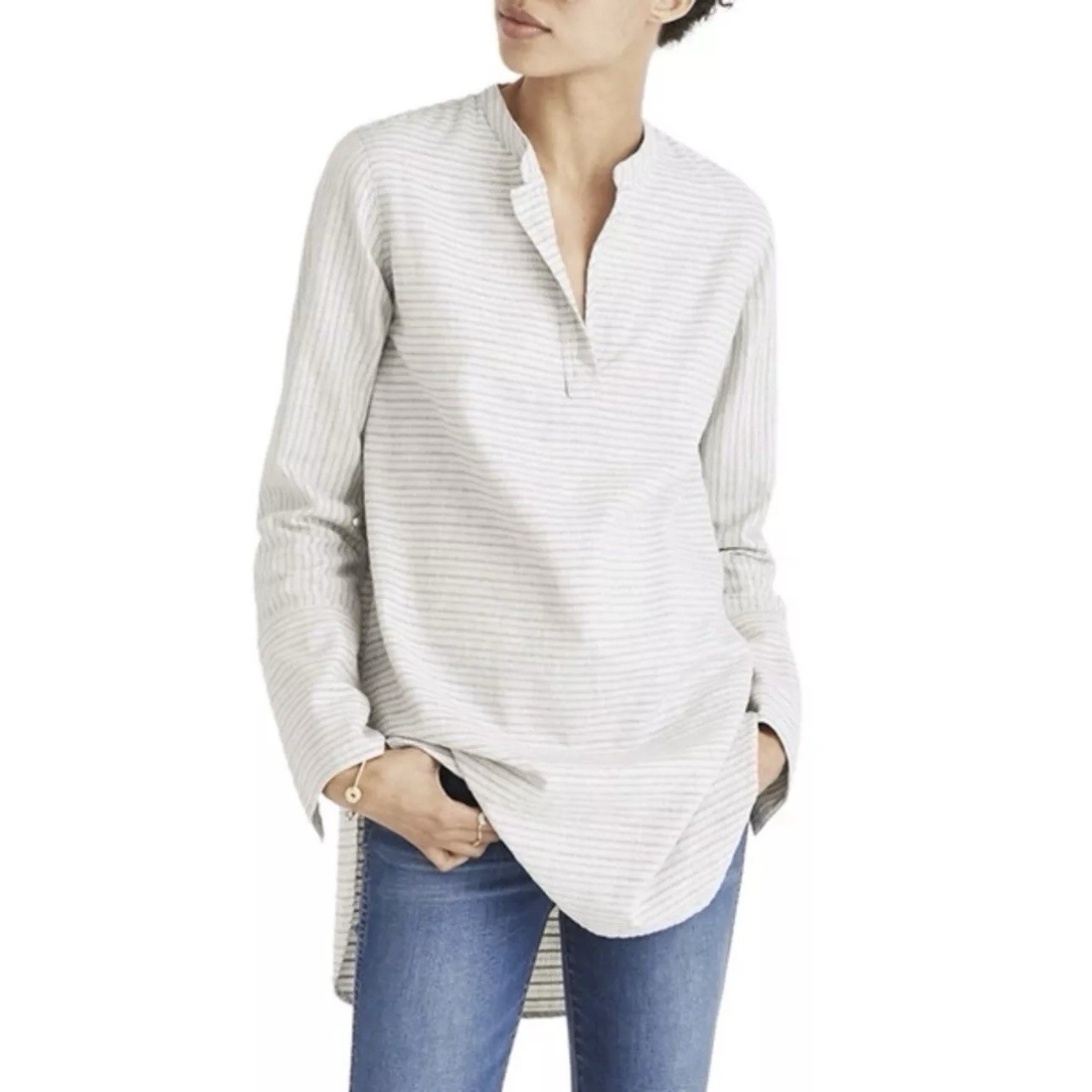 Madewell Split Cuff Tunic Top Striped Long Sleeve Weathered Concrete Women’s M