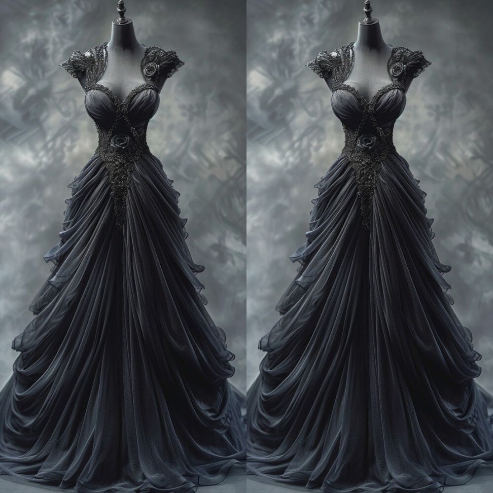 Black Gothic Wedding Dresses Ruched Lace Appliques V Neck Sleeveless Bridal Gown