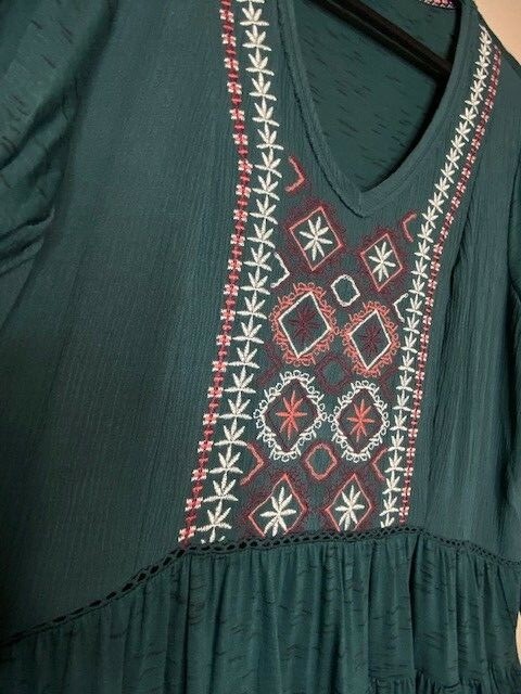 Medium New Teal Blue Embroidered Babydoll Peasant Top Lace Blouse Tee Top