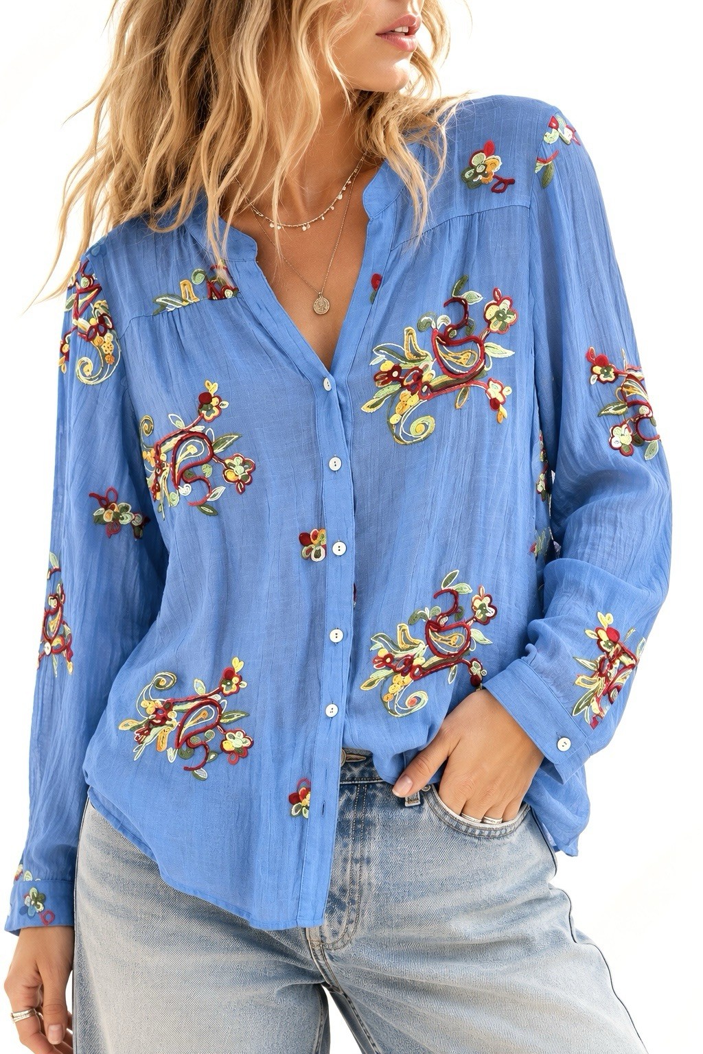 Fig & Flower Blue Floral Embroidered Boho Button Down Blouse Large