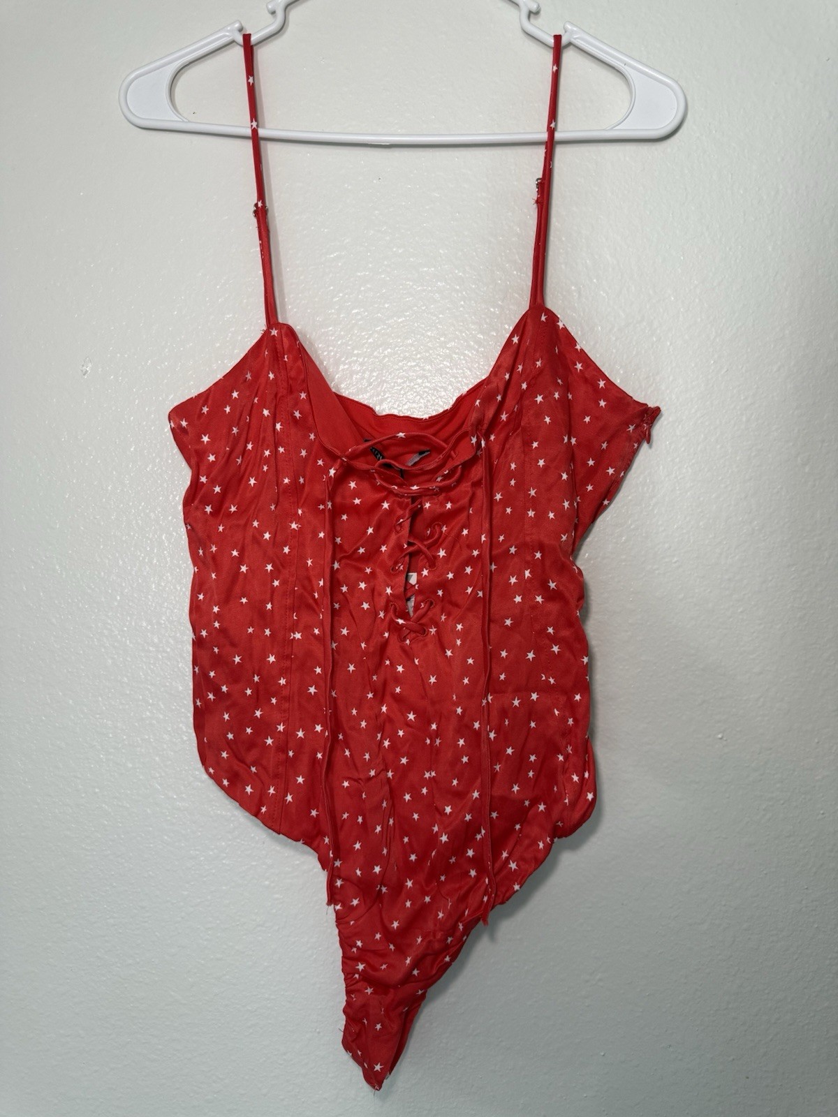 Zara Women’s Red Star Print Bodysuit Size S Lace Up Snap Adjustable One Piece