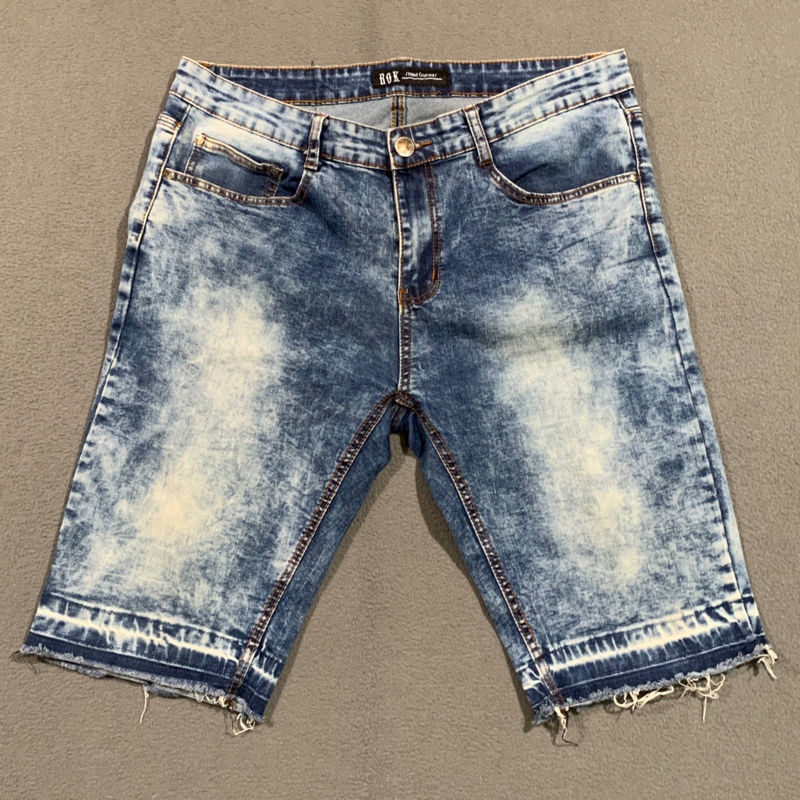 ROK Hand Crafted Mens Blue Acid Wash Distressed Denim Shorts Raw Hem Size 36