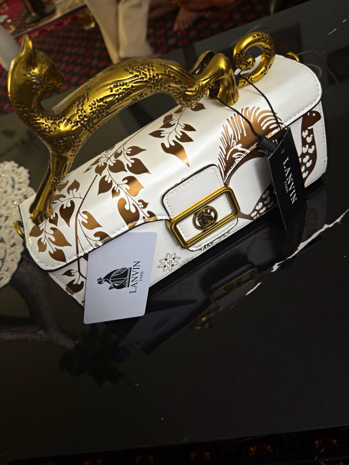 LANVIN White Brown Floral Cat Small Top Handle Bag Push Lock Gold Hardware