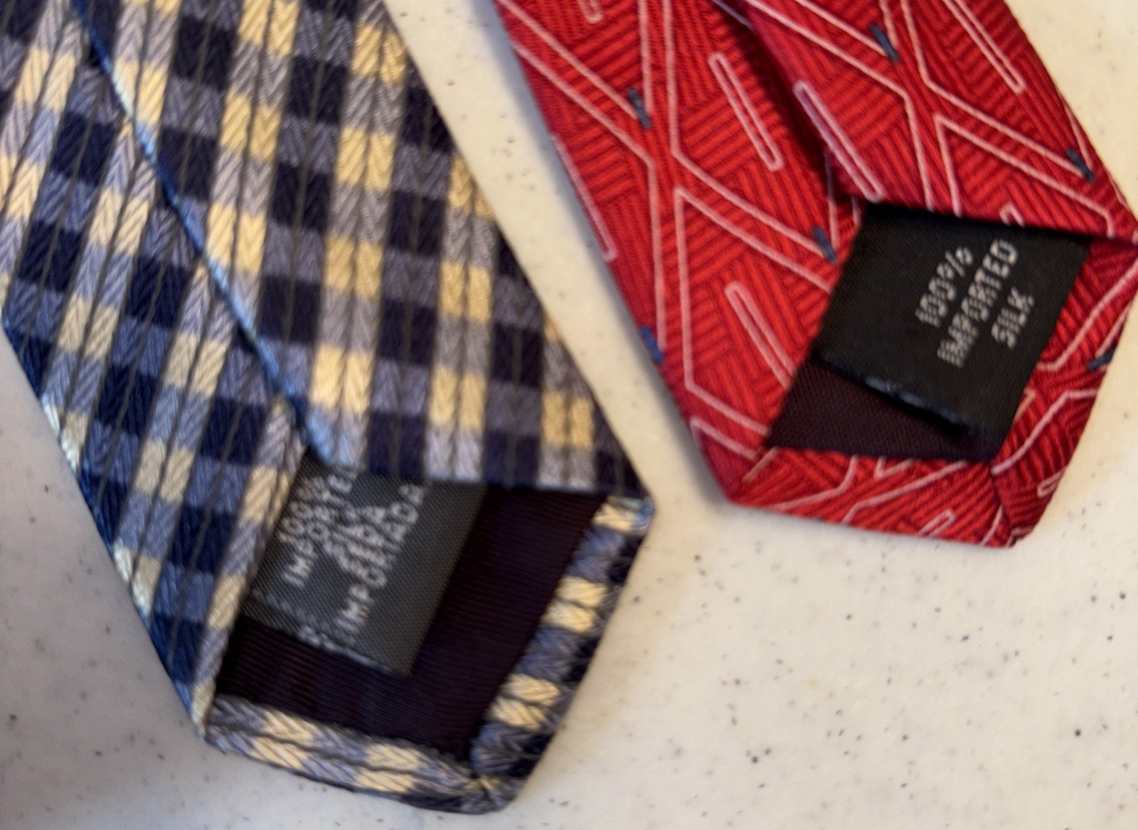 Arrow Mens Silk Ties Navy/yellow Striped Check & Red/white Geo Diamond Lot Of 2