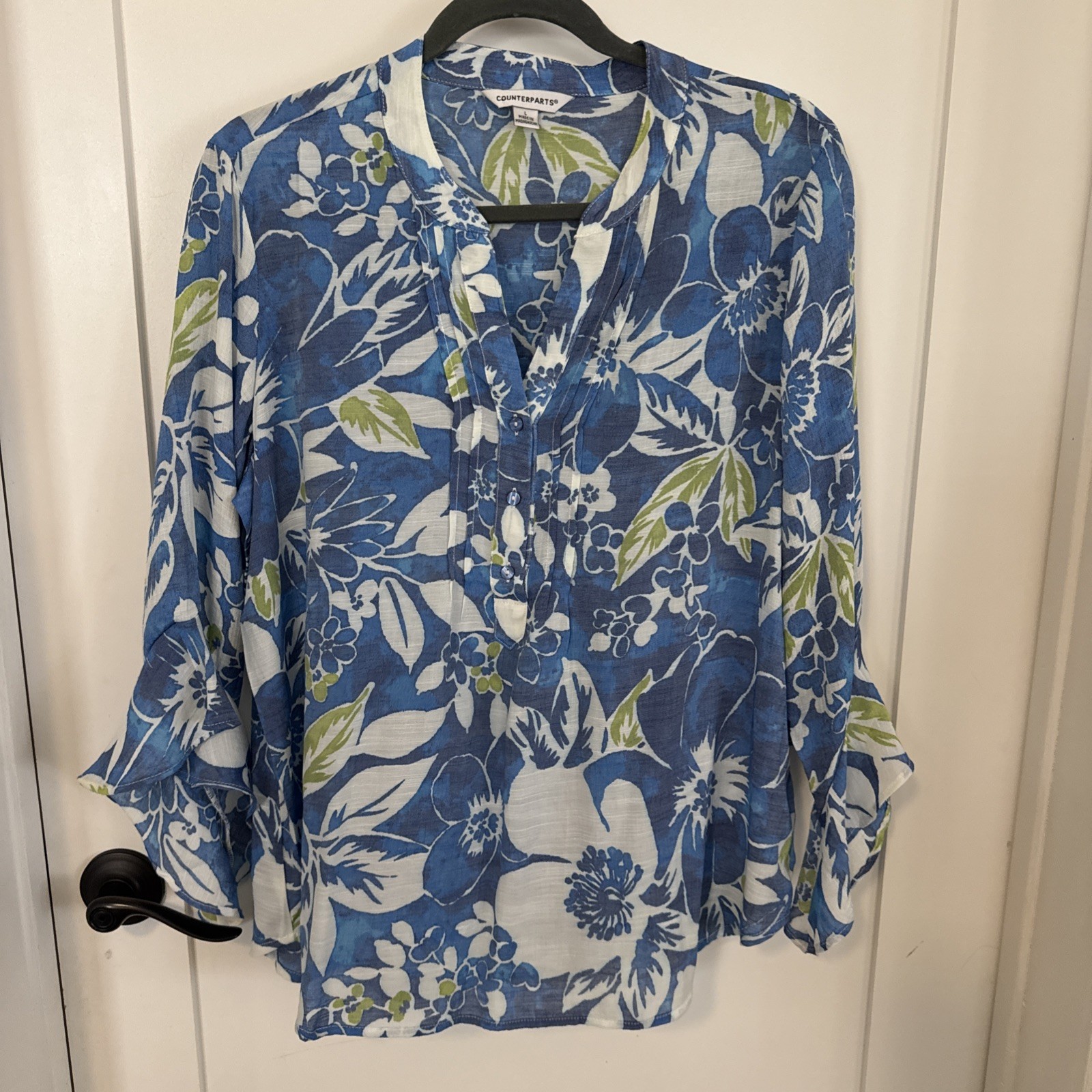 Women’s L Blue&Green Floral Print Blouse 3/4 Bell Sleeve Lightweight Flowy Top