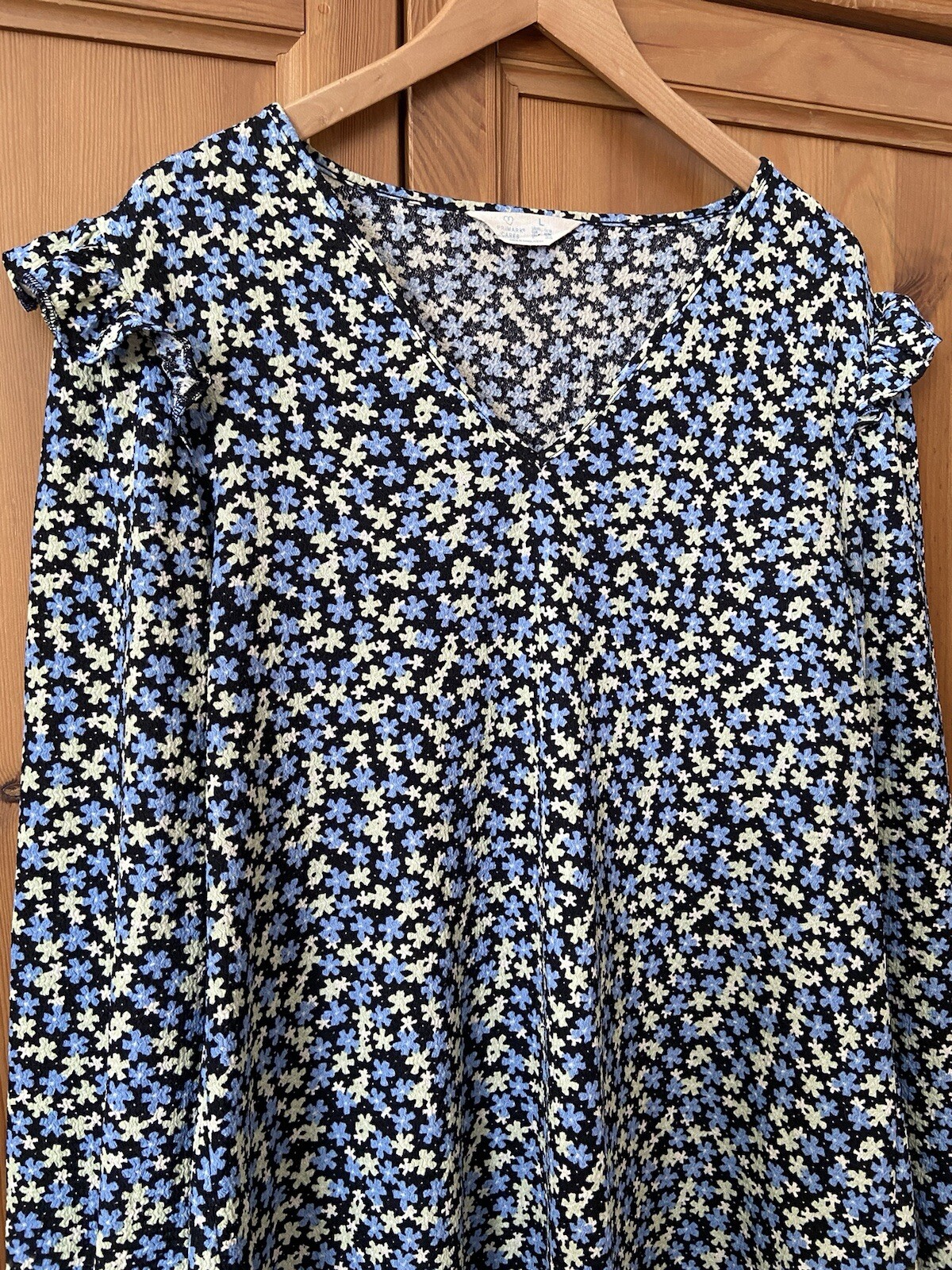 Black Ditsy Floral Dress | Shift Ruffle V-Neck Short Length | Primark Size 14