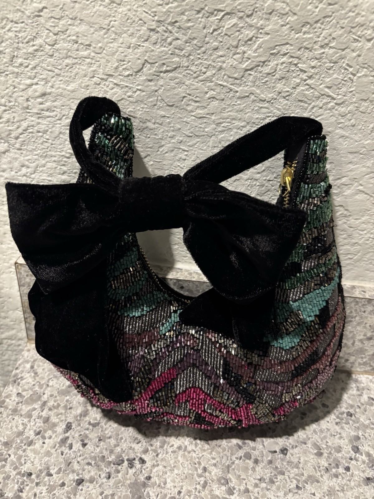 Beaded Shoulder Bag With Bow, Pink, Blue Purple Black ￼