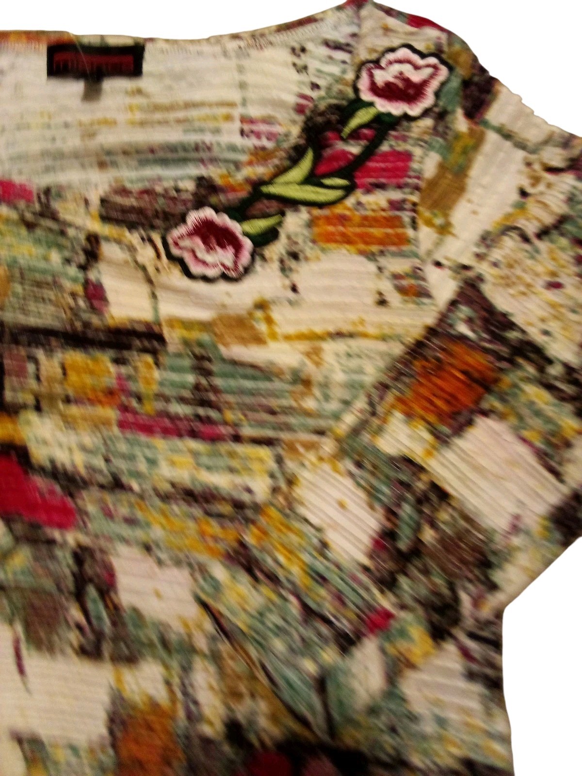 Mishca – Embroidered Roses, Cold Shoulder, Ribbed Fabric W/Abstract Design,