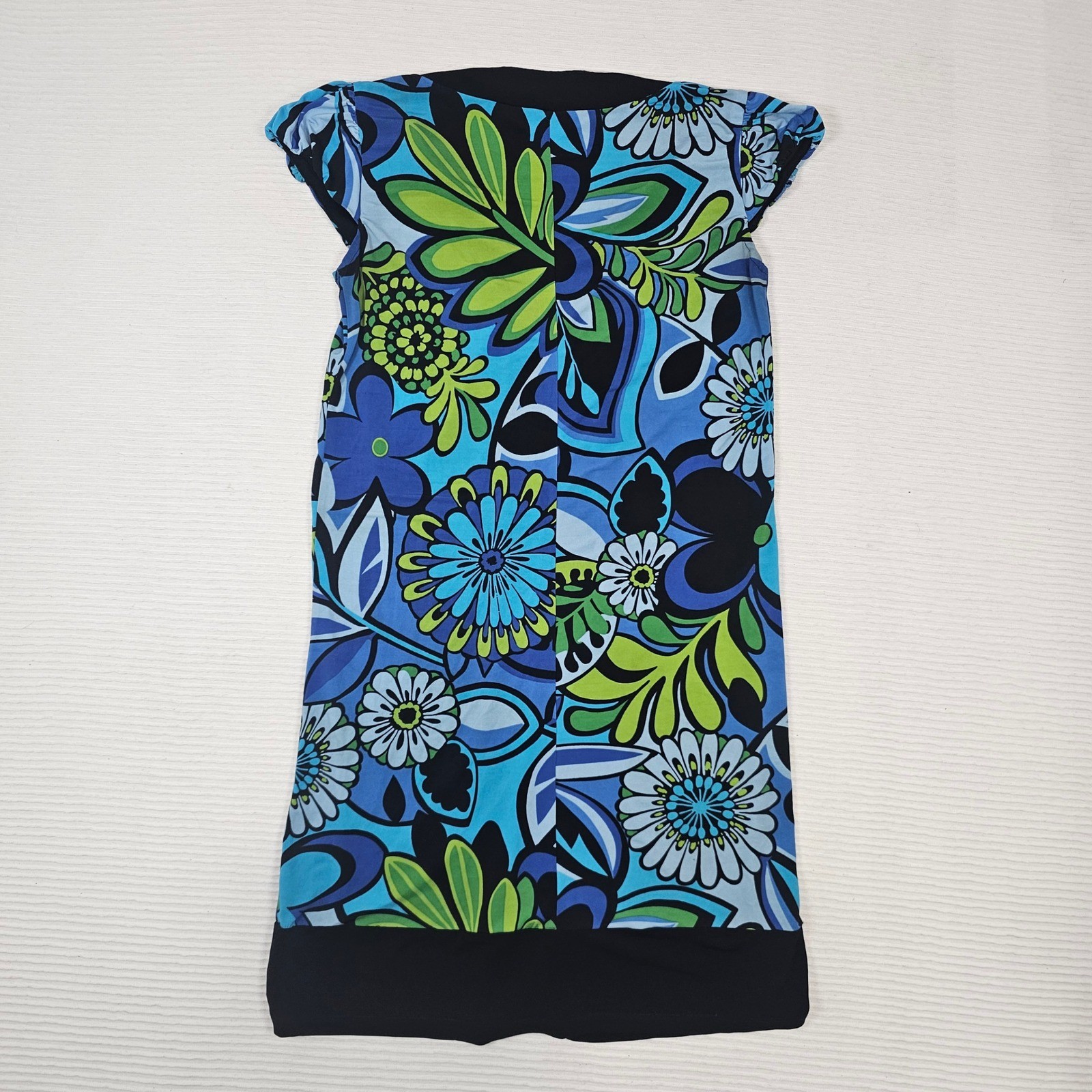 Lizzatti Womens Blue Green Floral V-Neck Cap Sleeve Tunic Top Size 4 RN 58142