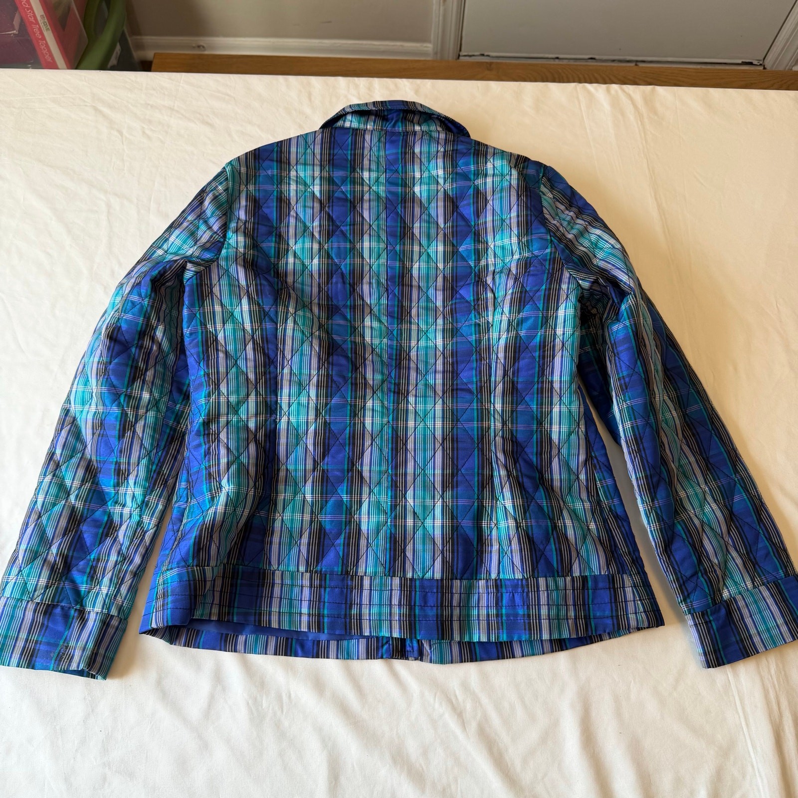 Blue Plaid Quilted Button Up Jacket Sz S Light Spring Preppy