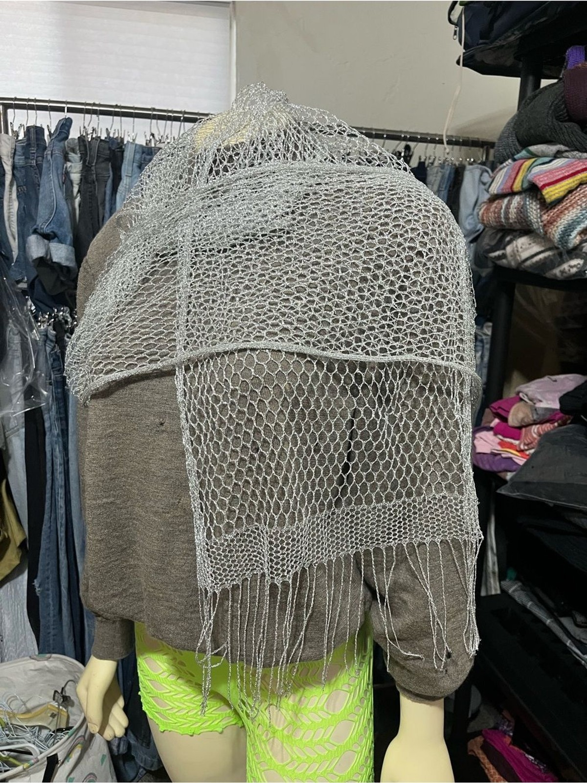 Delicate Silver Mesh Net Scarf – Lightweight Long with Fringe Sheer