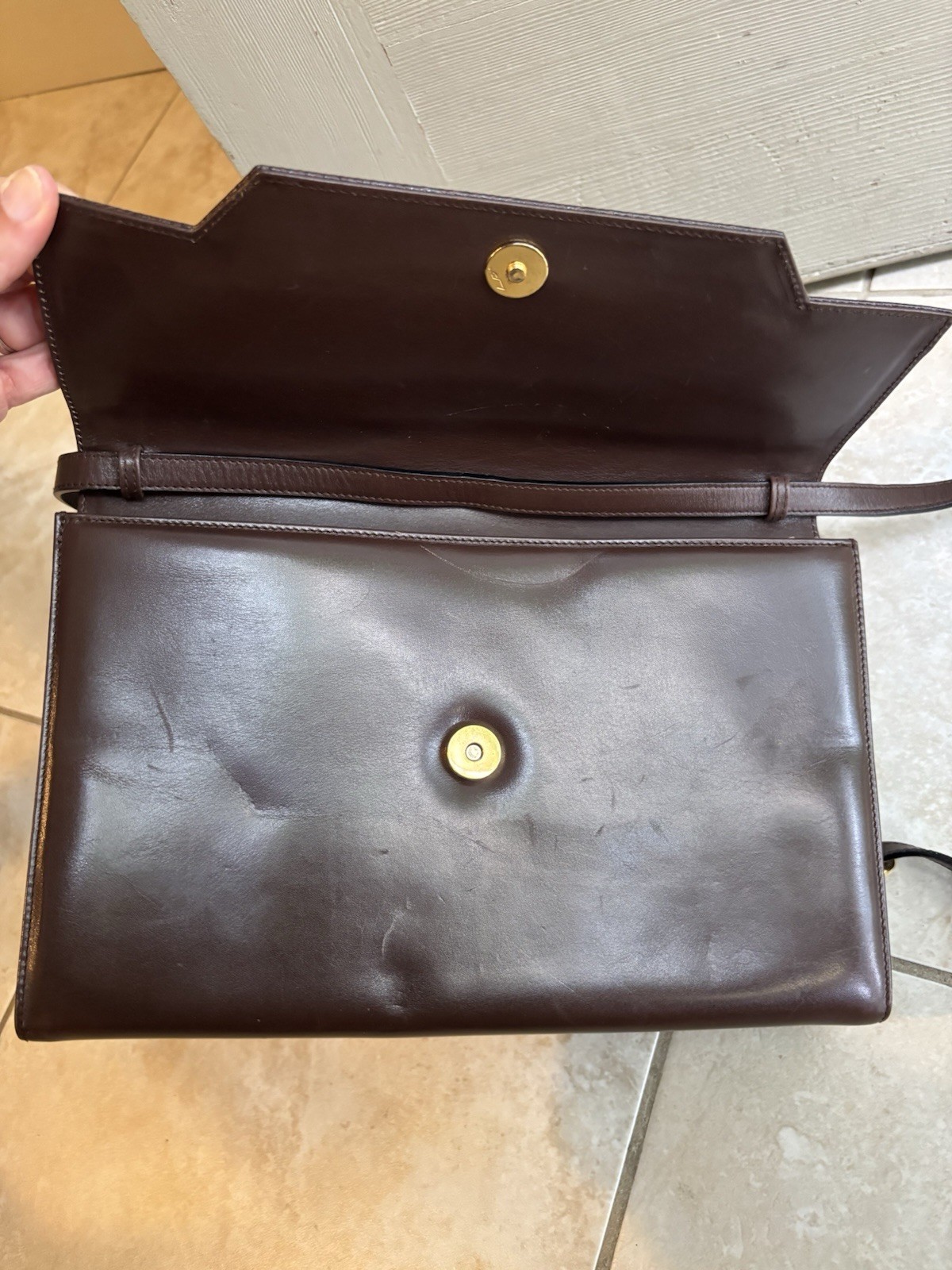 Salvatore Ferragamo vtg Brown Leather & Lizard Trim Clutch Shoulder Bag Italy