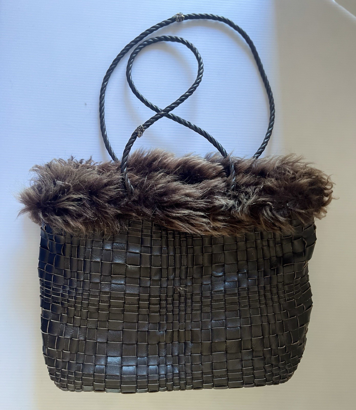 Falor Le Borse Leather Brown Woven Purse w/ Faux Fur Made in Italy SALE!