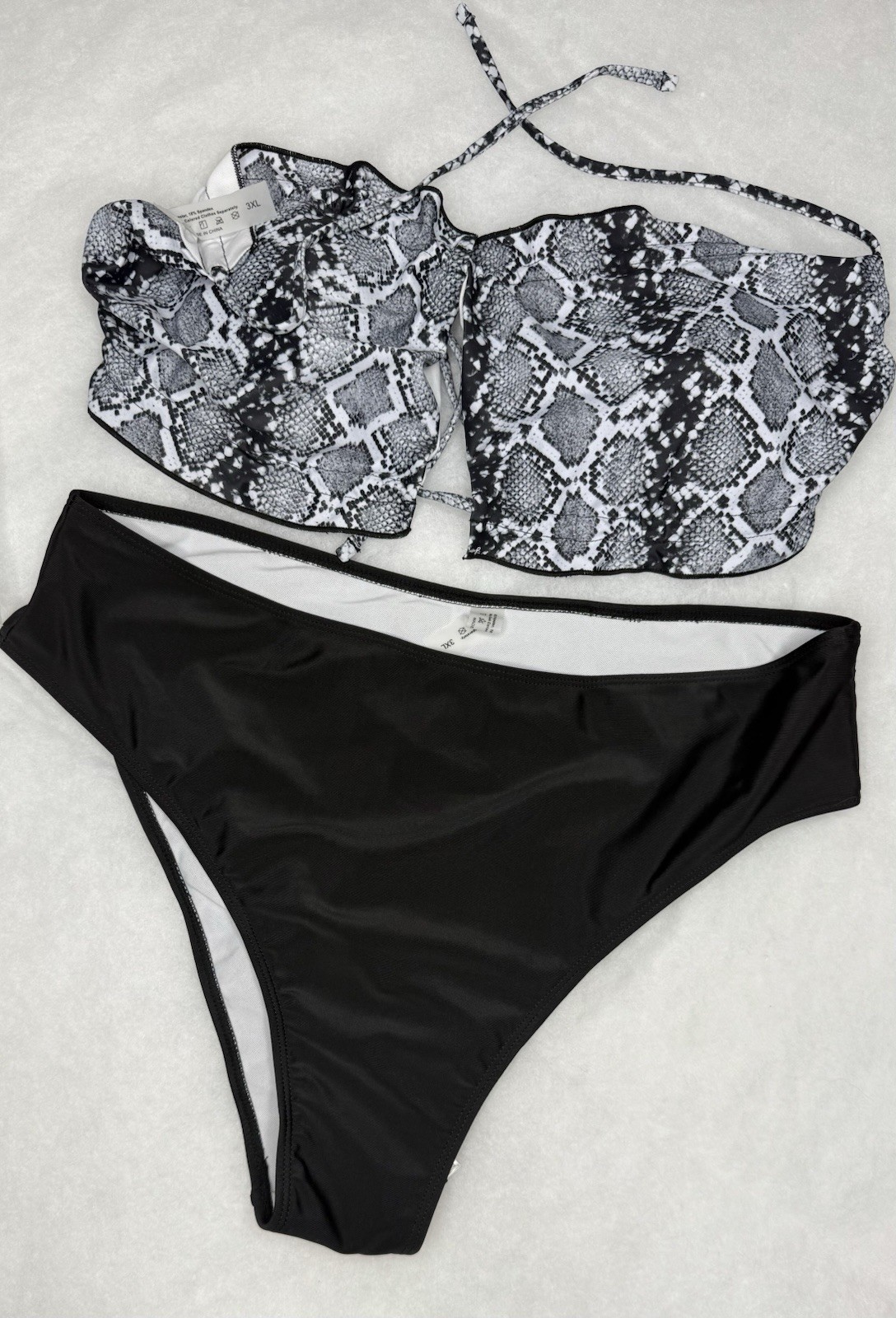 Women’s Snake Print Tankini Swimsuit Set Black High Waist Bikini Bottom Size XL