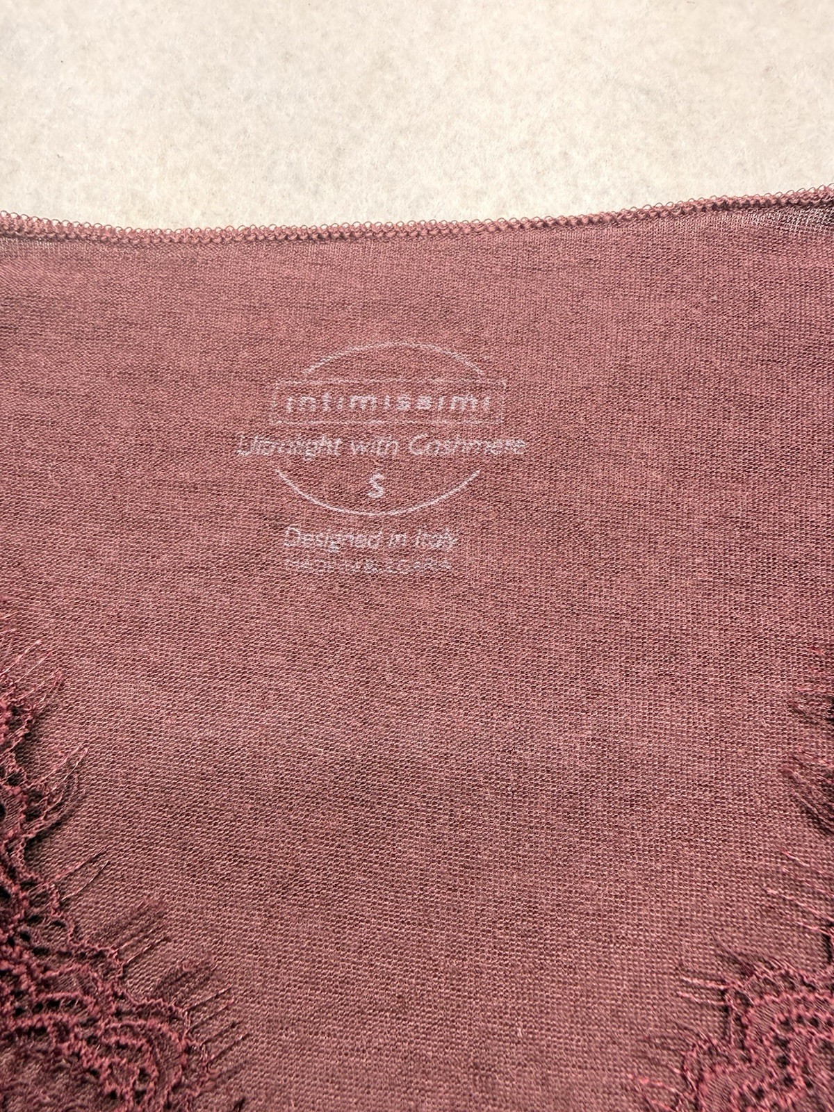 Intimissimi Ultralight Cashmere Lace Long Sleeve Shirt Size S Dark Burgundy NWT